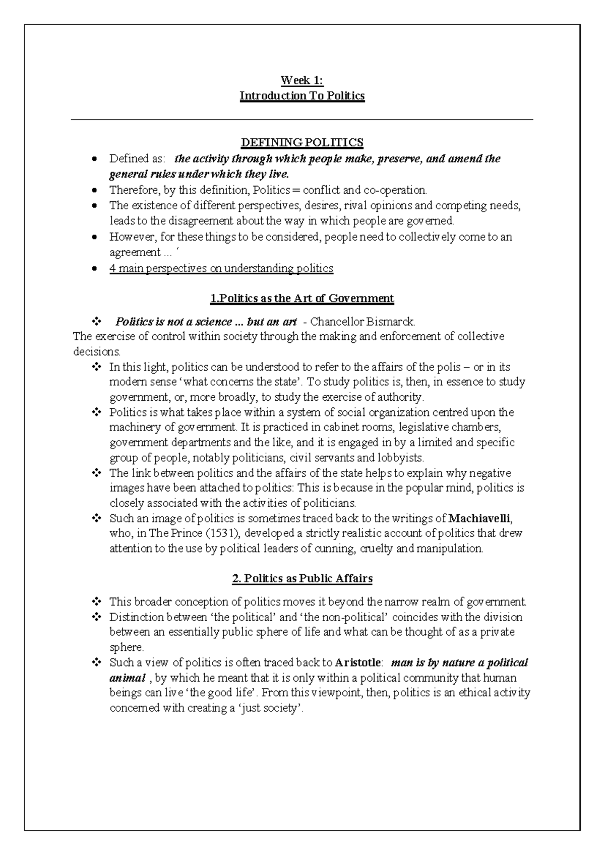 Week 1: Intro to Politics - Key Concepts and Perspectives Summary - Studocu