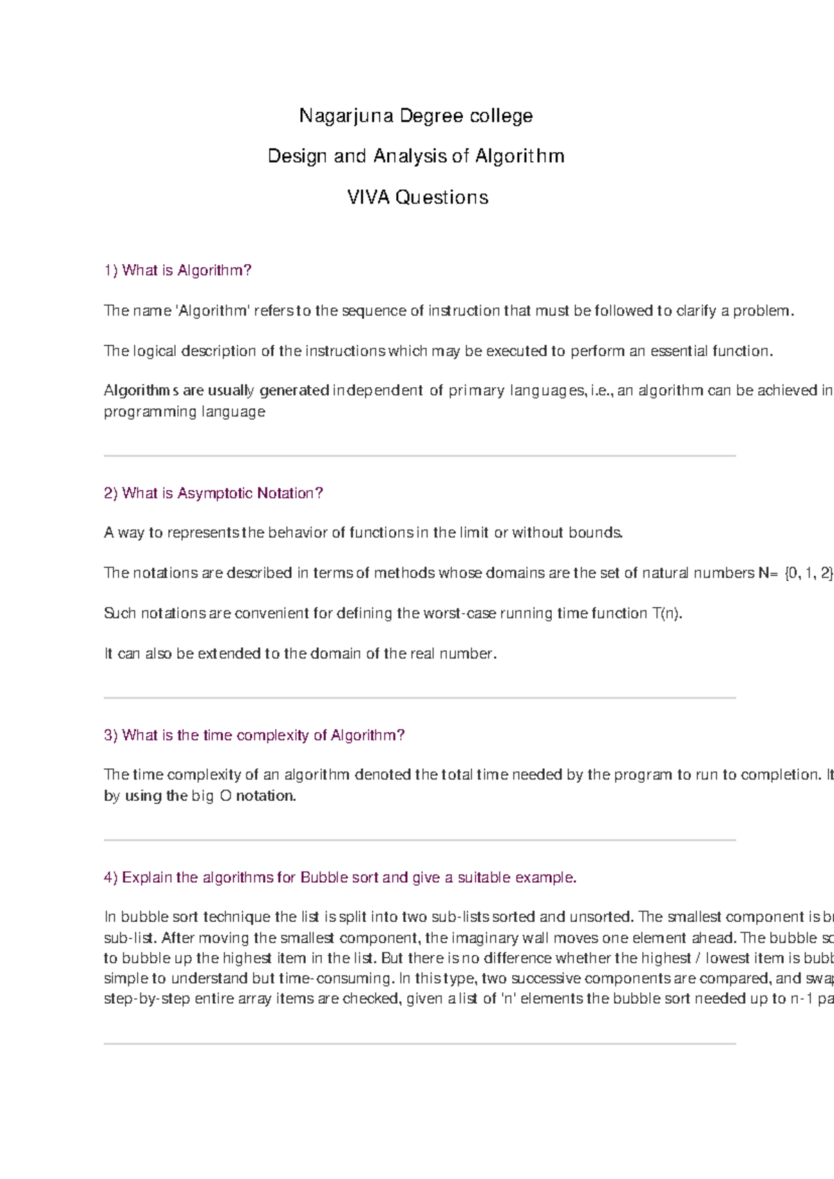 Nagarjuna Degree College ADA VIVA Questions and Answers on Algorithms ...
