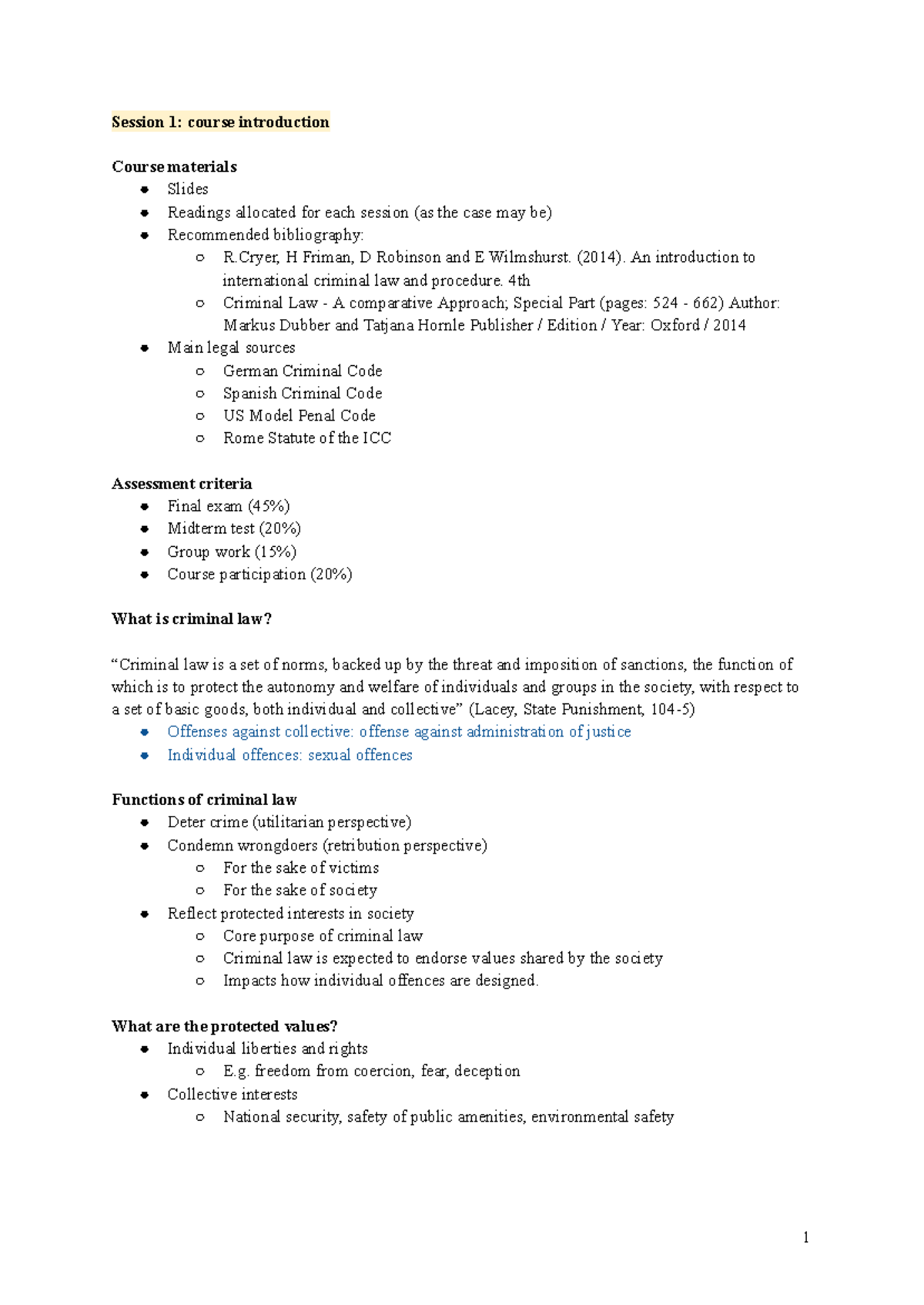Criminal Law II-3: Session 1 Introduction and Key Concepts - Studocu