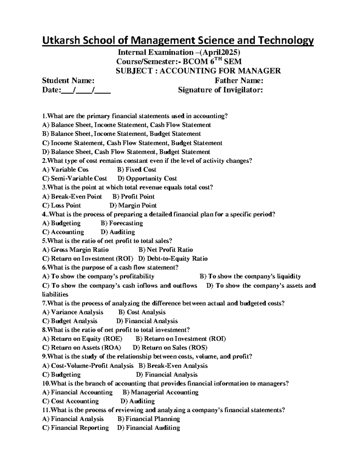 BCOM 6TH SEM Internal Exam: Accounting for Managers - Key Concepts ...