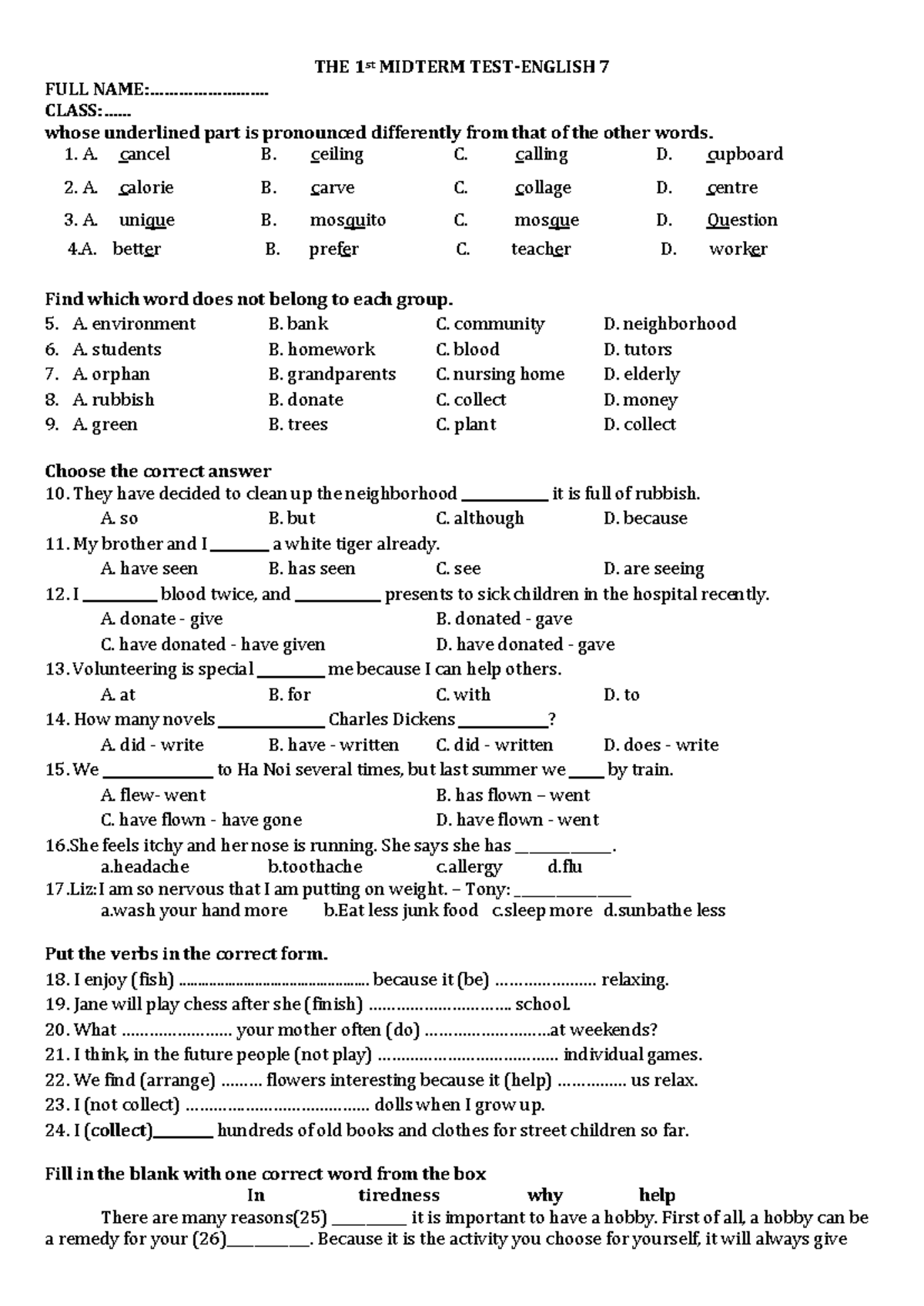 Kiem Tra 1 Tiet 1 - English 7 Midterm Test Questions & Answers - Studocu