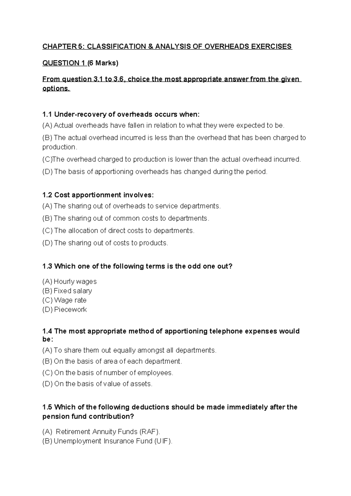 Chapter 5 Exercises on Overheads: Analysis & Classification Quiz (1 ...