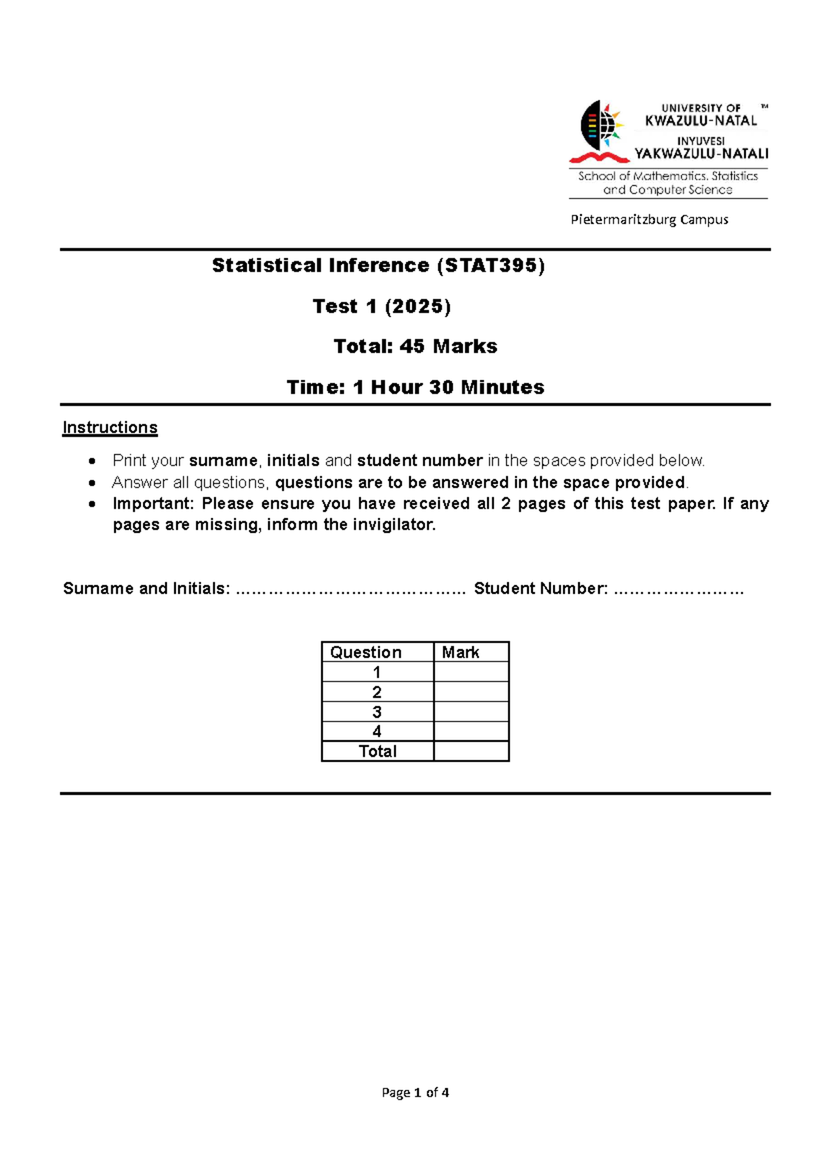 STAT395 Pietermaritzburg Campus Statistical Inference Test 1 (2025 ...
