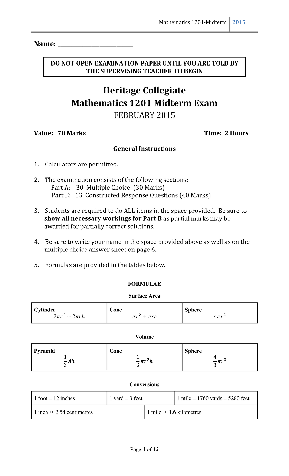 Mathematics 1201 Midterm Exam Practice - February 2015 - Studocu