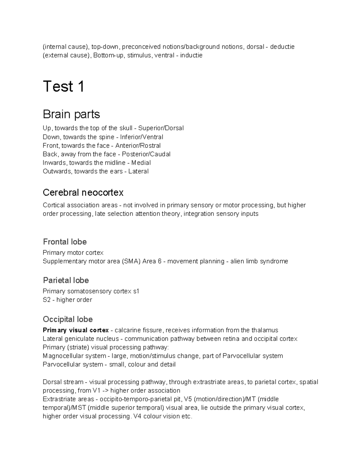 Cog Neu Termen - Test 1 & 2 Brain Parts and Functions - Studeersnel