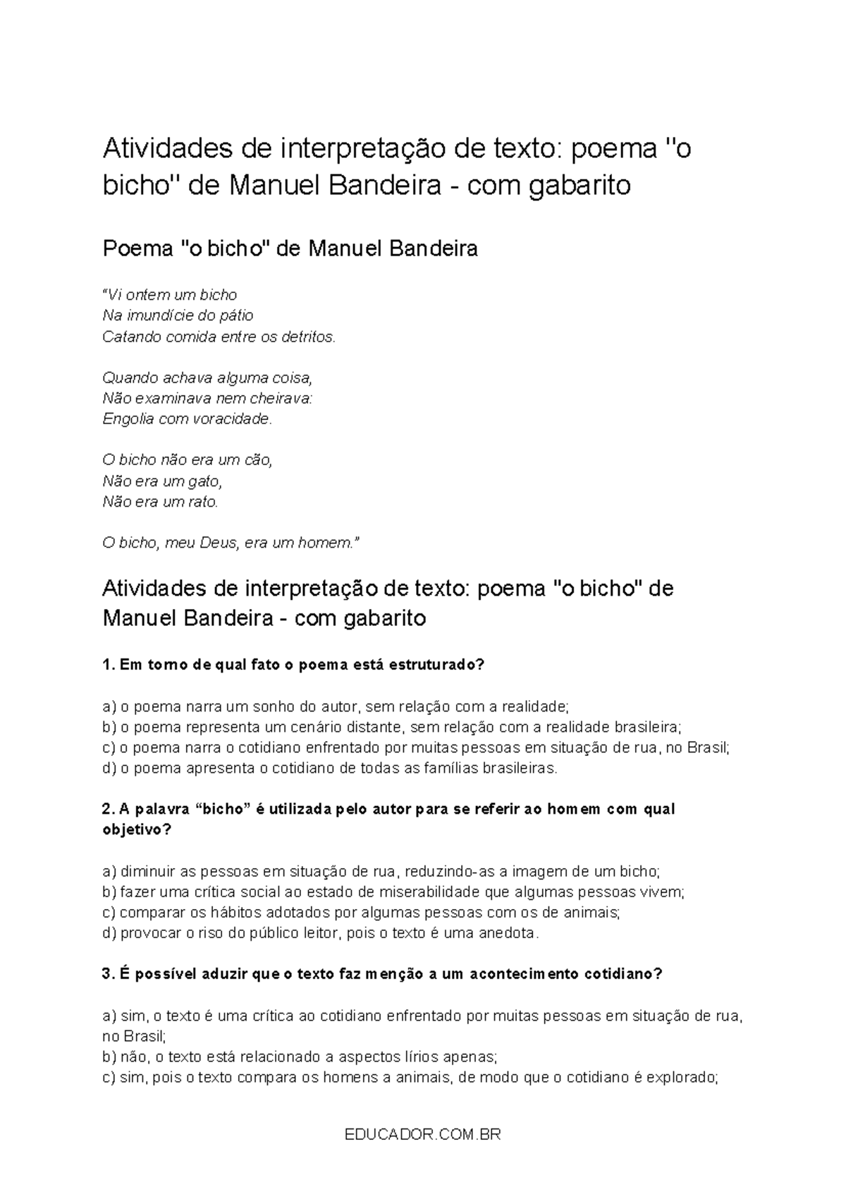 Atividades de Interpretação do Poema 