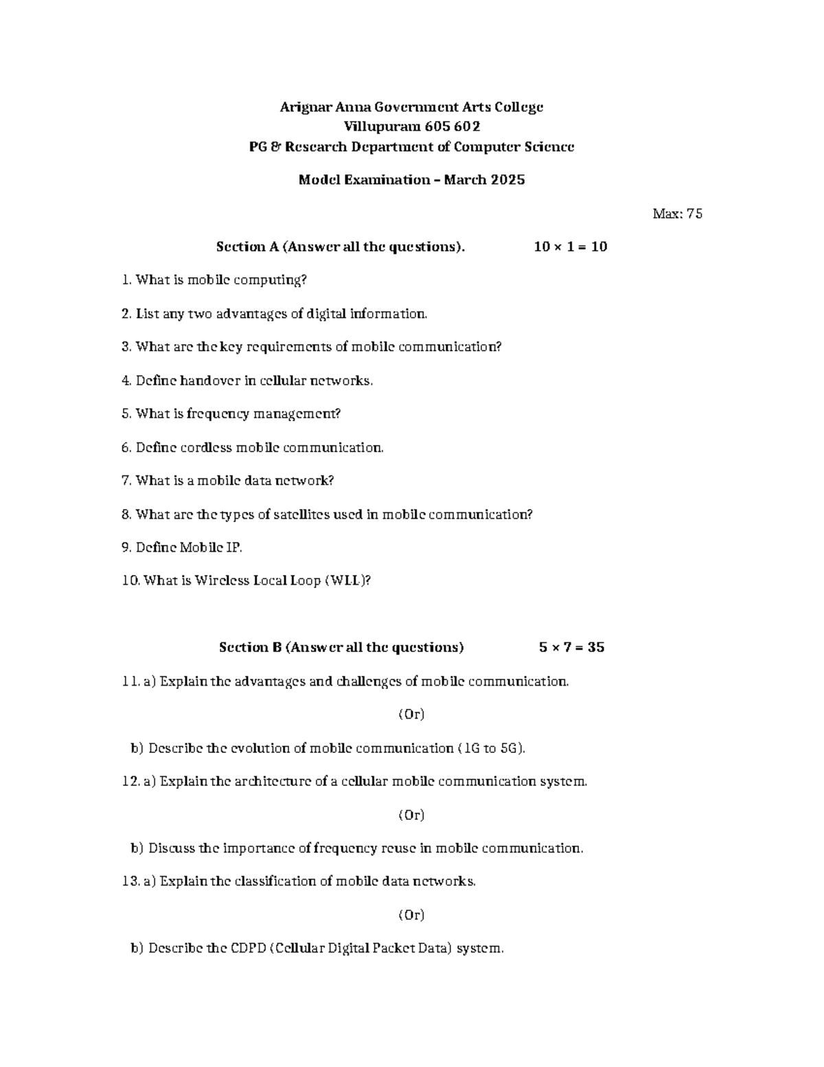 Mobile Computing Model Exam QP - March 2025 - Studocu