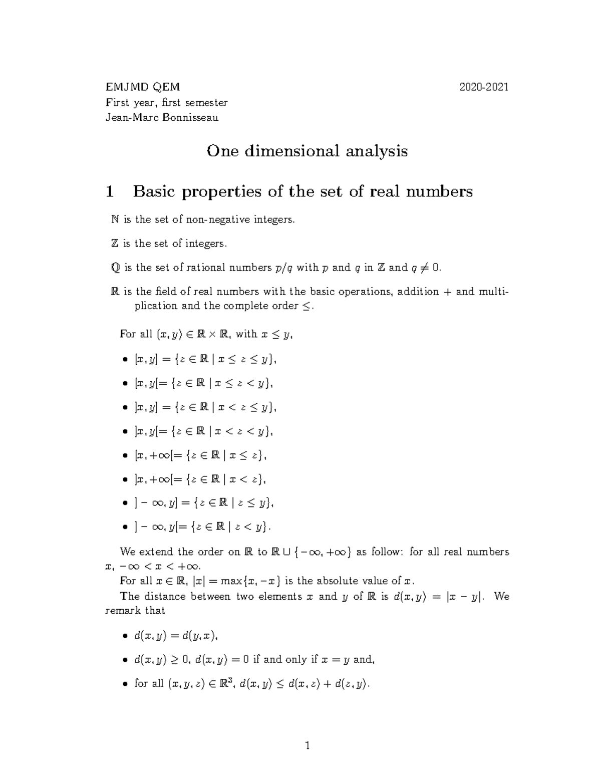 EMJMD QEM One Dimensional Analysis: Basic Properties of Real Numbers ...