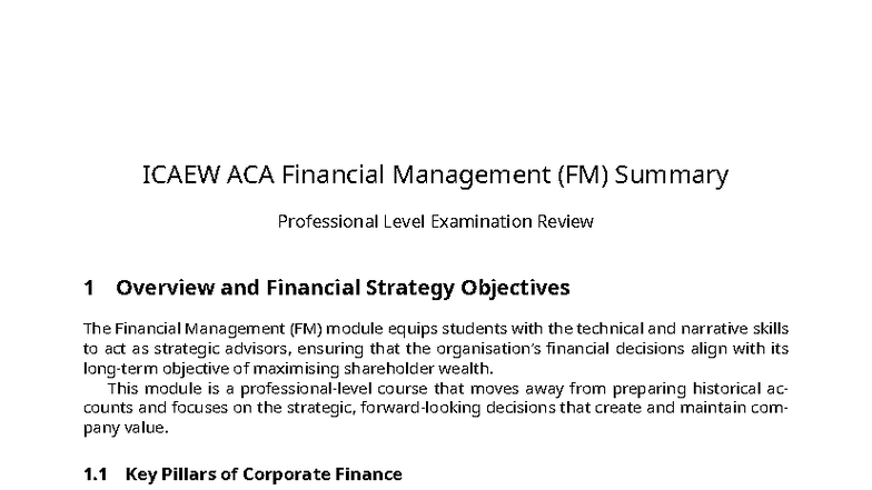 Icaew ACA Financial Management FM Summary - ICAEW ACA Financial ...