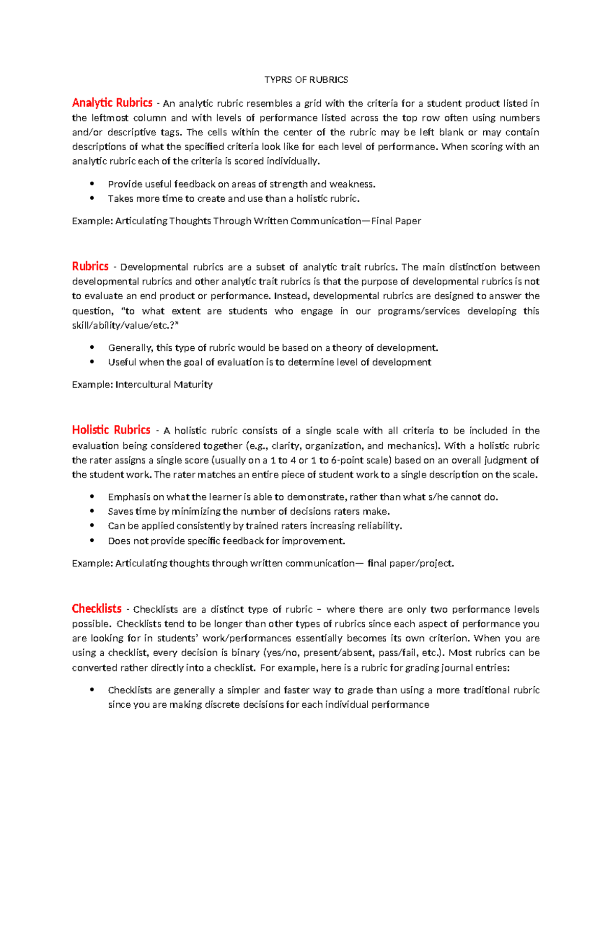 Types of Rubrics: Analytic, Holistic, and Developmental Explained - Studocu