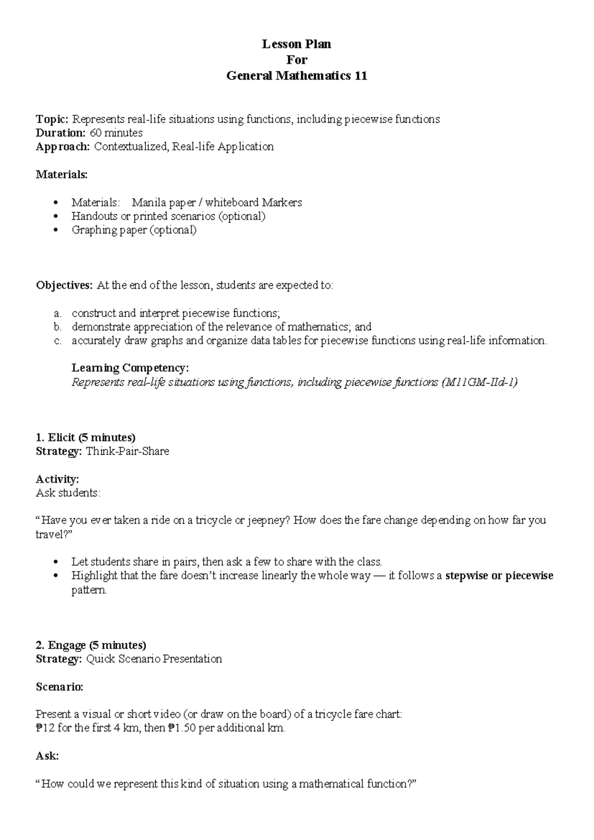 Lesson Plan for Gen Math 11: Functions & Piecewise Functions - Studocu