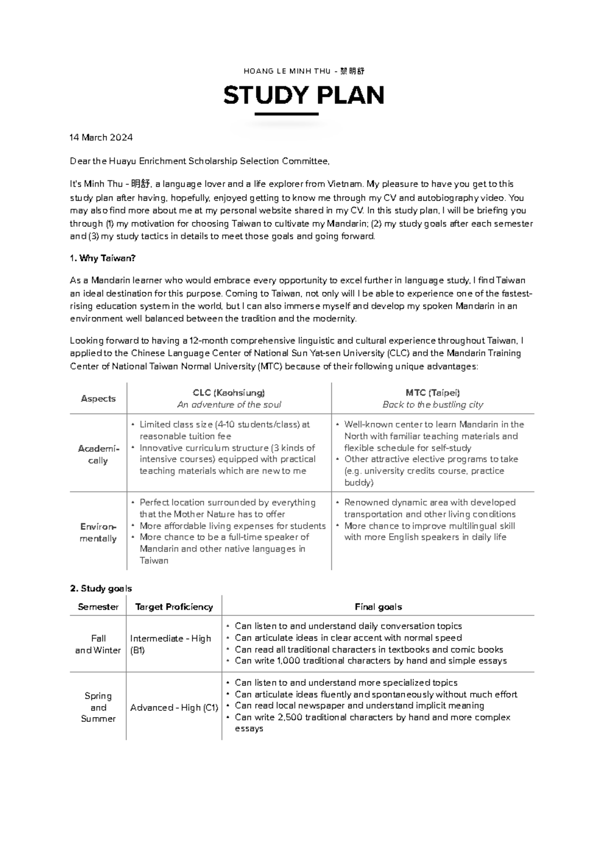 Study Plan for Huayu Enrichment Scholarship - Hoang Le Minh Thu - Studocu