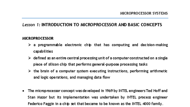 EEAC 110 Lesson 1: Introduction to Microprocessors and Concepts - Studocu