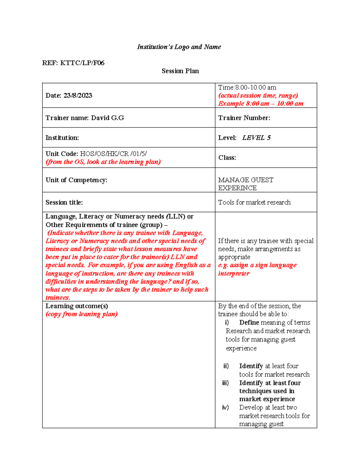 Session Plan Sample - Tools for Market Research (Level 5) - Studocu