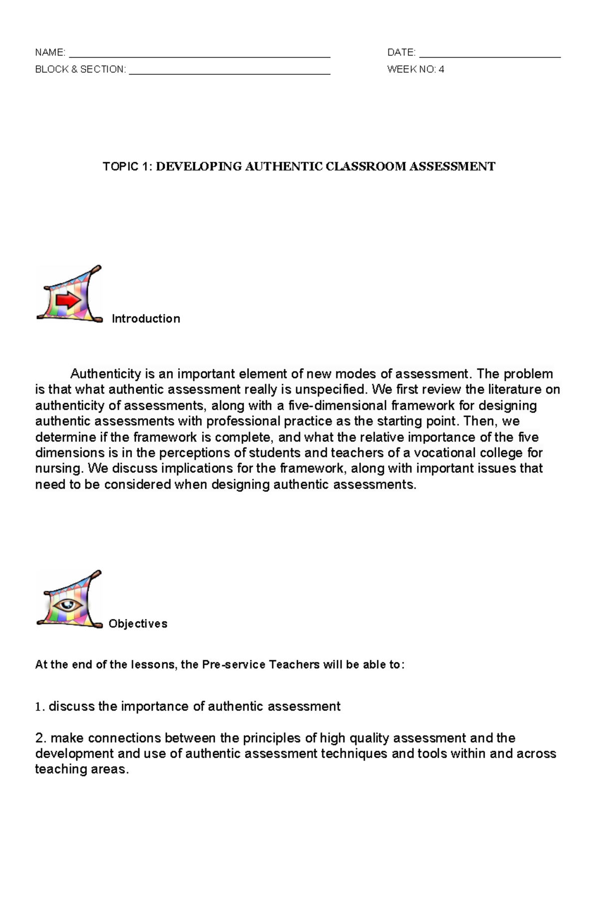 PED 108 Week 4 - Lecture Notes on Authentic Classroom Assessment - Studocu