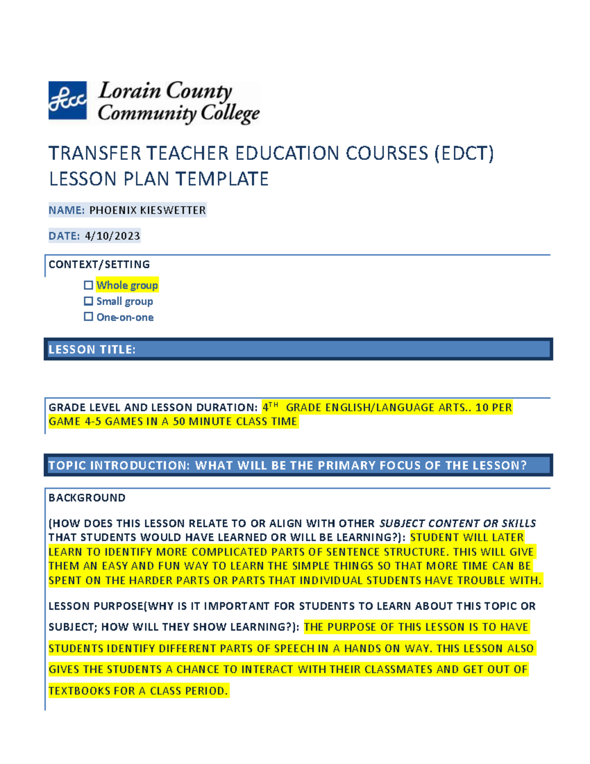 EDCT 264 Lesson Plan Template for 4th Grade English/Language Arts - Studocu