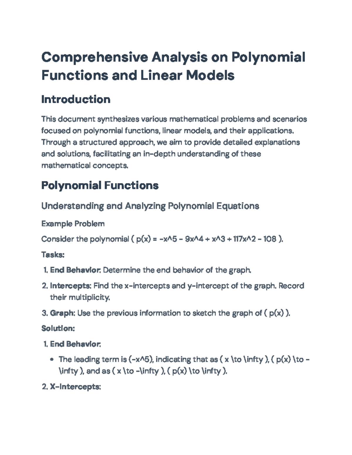 Comprehensive Analysis of Polynomial Functions and Linear Models ...