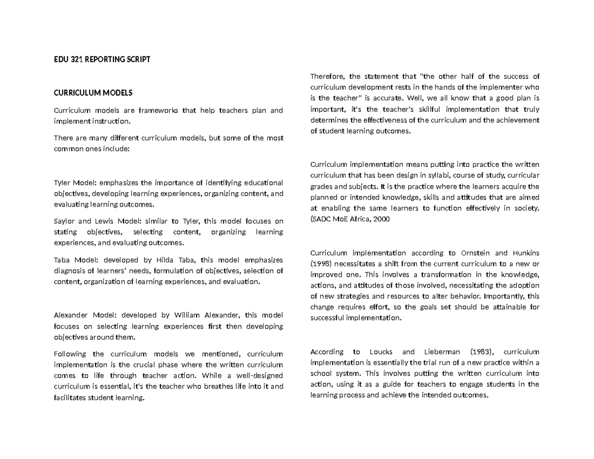 EDU 321 Reporting Script - EDU 321 REPORTING SCRIPT CURRICULUM MODELS ...