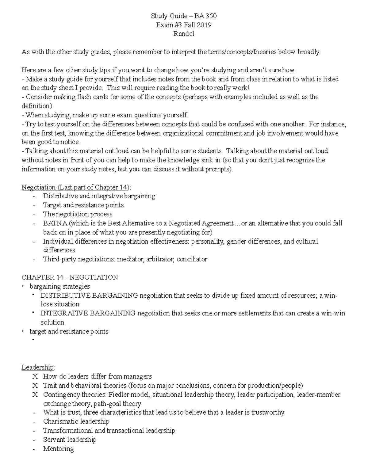 Exam 3 study guide - Study Guide – BA 350 Exam #3 Fall 2019 Randel As ...