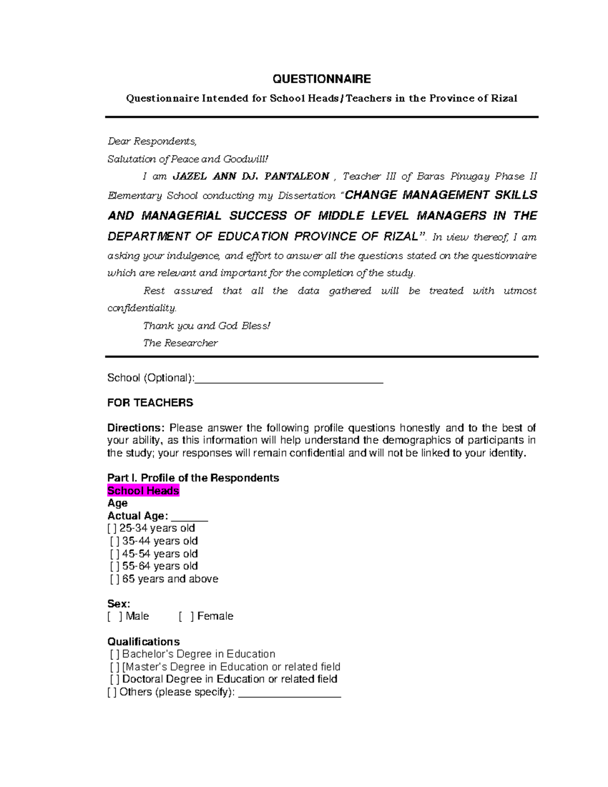 Final instrument for pilot testing - QUESTIONNAIRE Questionnaire ...