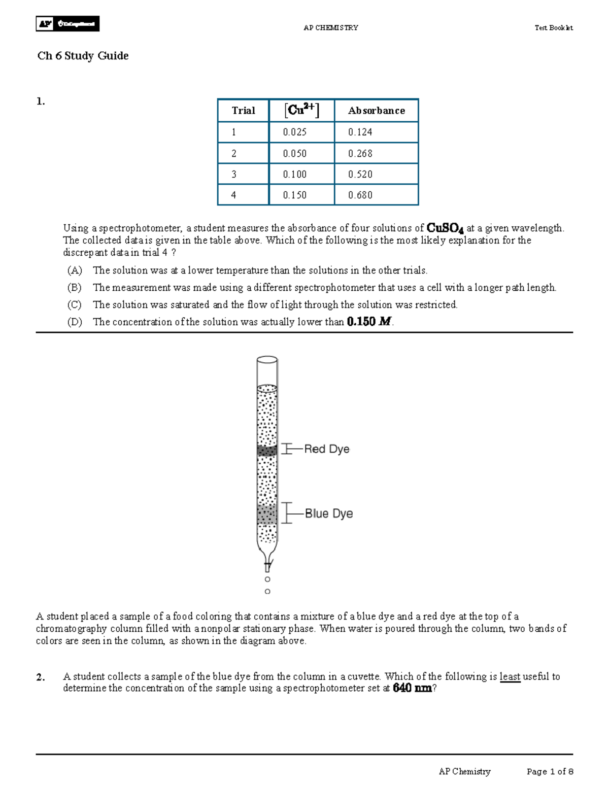 AP CHEMISTRY Unit 3 Spectrophotometry Practice Questions and Study ...