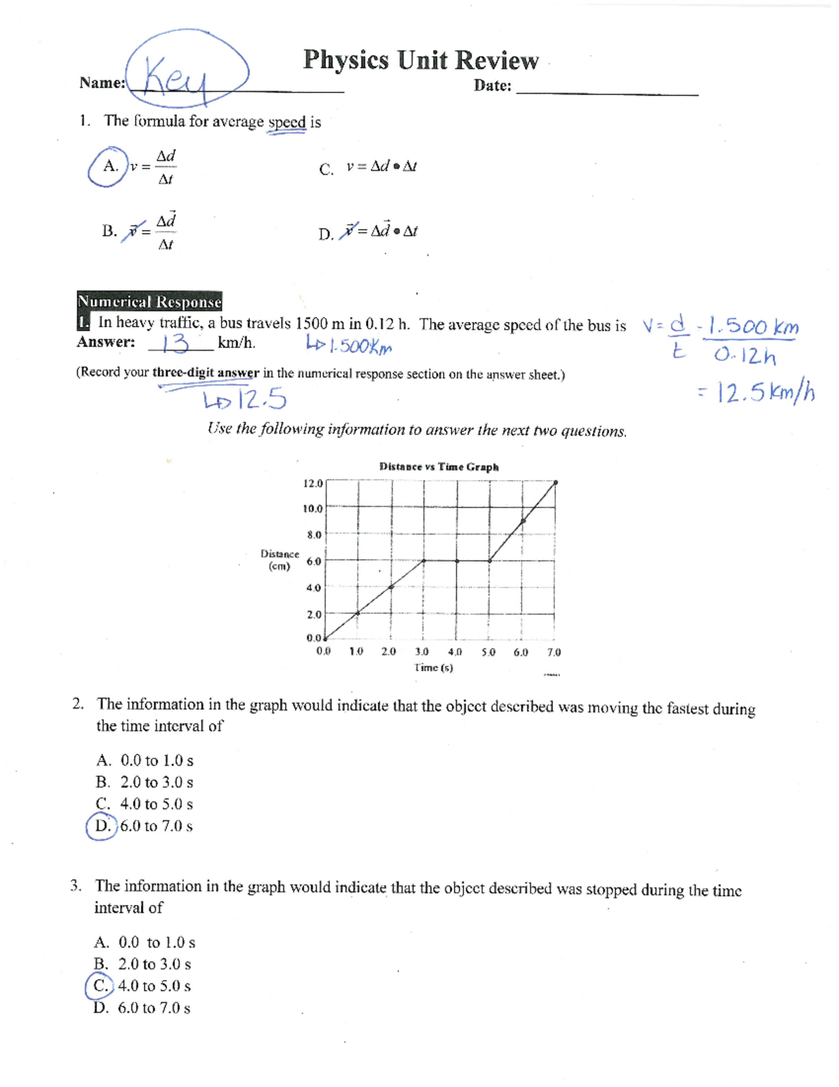 Physics Unit Review Key: Concepts, Formulas, and Problem Solutions ...