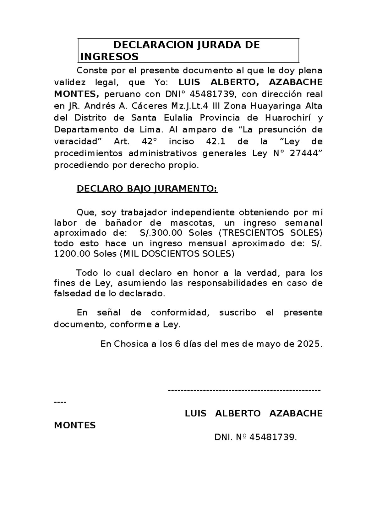 Declaración Jurada de Ingresos - L.A. Montes 2025 - Studocu
