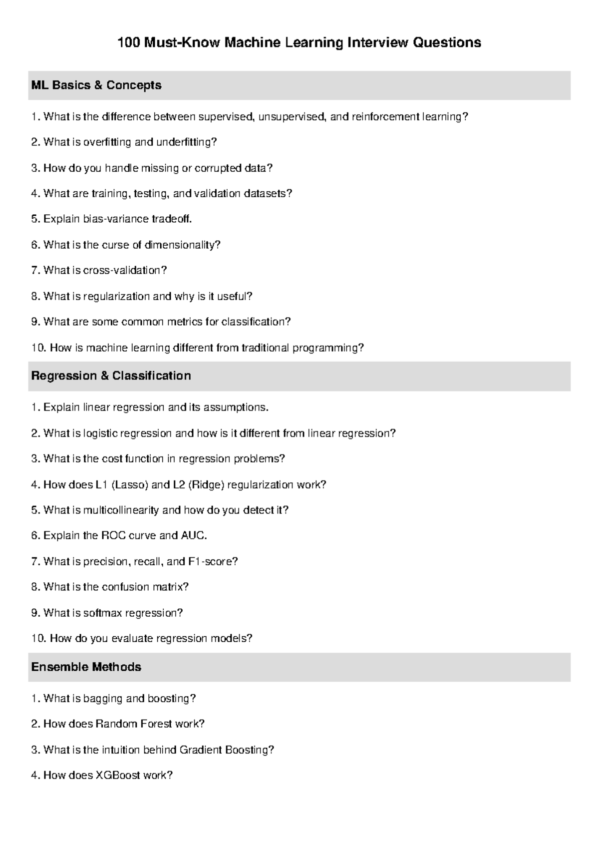 100 ML Interview Questions: Key Concepts & Techniques Explained - Studocu