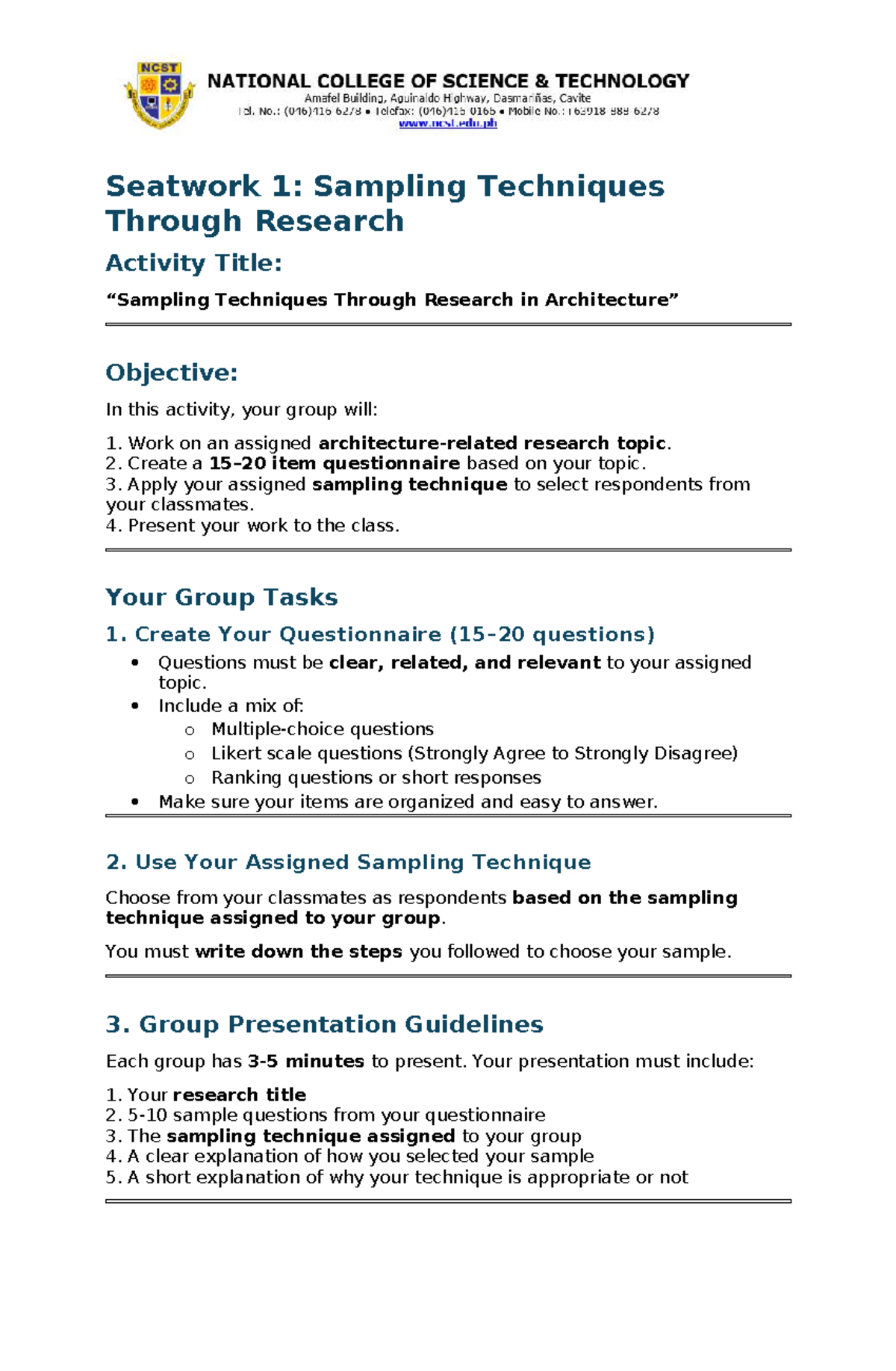 Sampling Techniques Activity Handout: Group Research Project - Studocu
