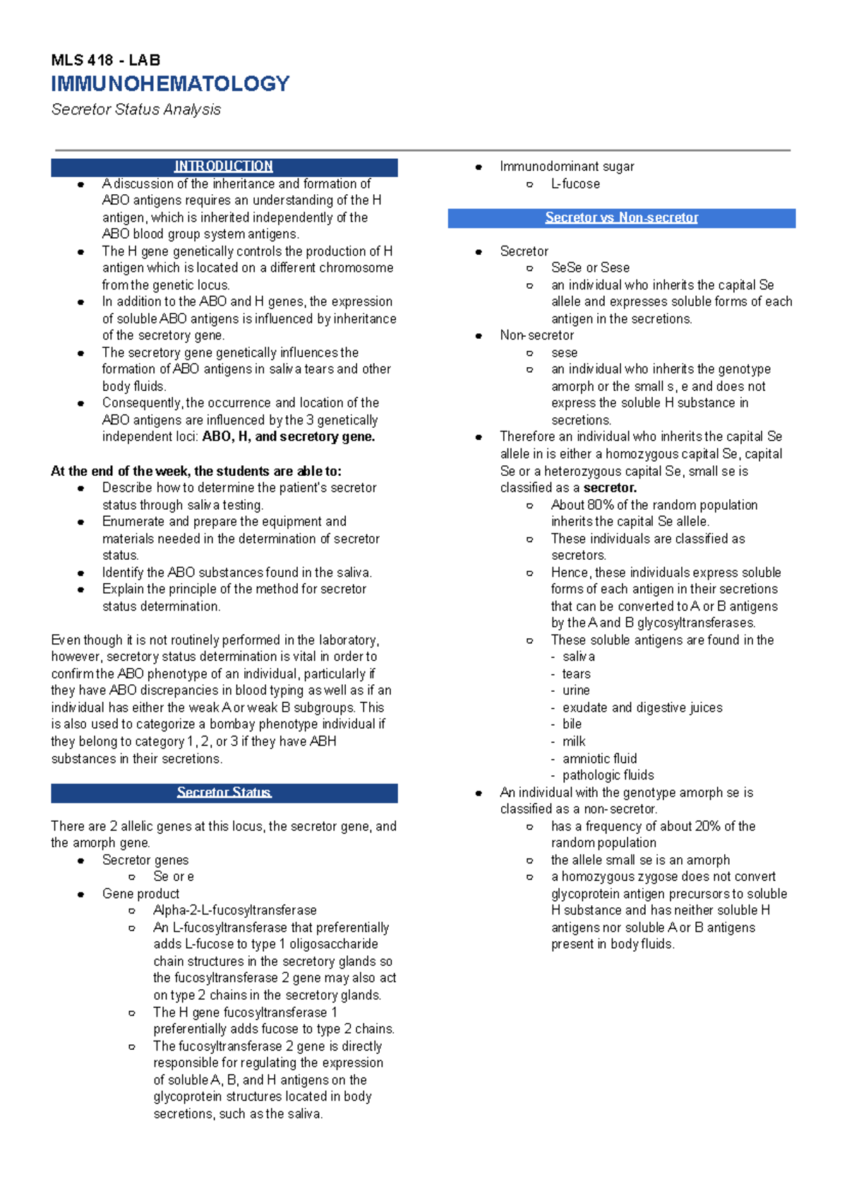 MLS 418 - Lab Notes on Immunohematology & Secretor Status Analysis ...