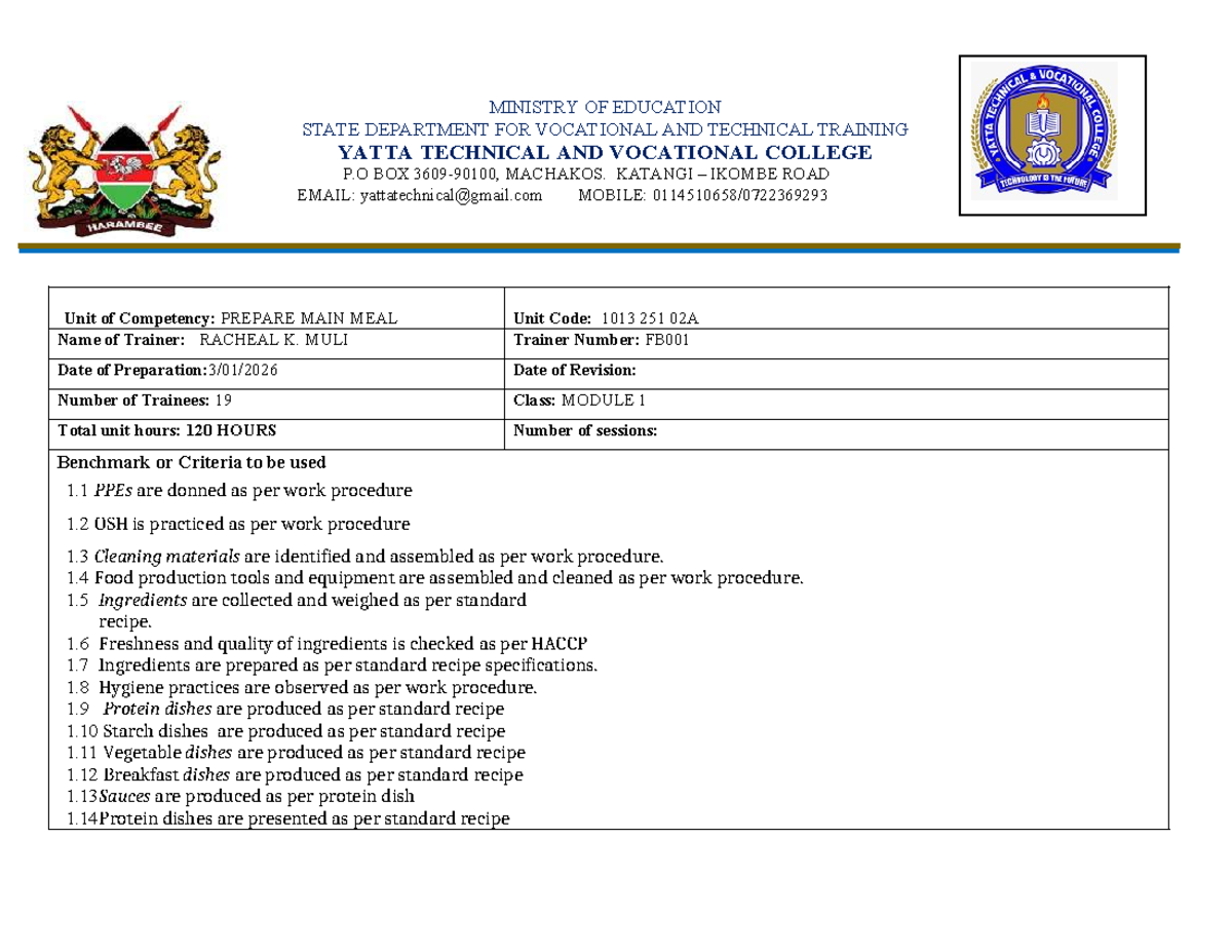 Prepare Main Meal - Module 1 Training Notes (Unit Code: 1013 251 02A ...