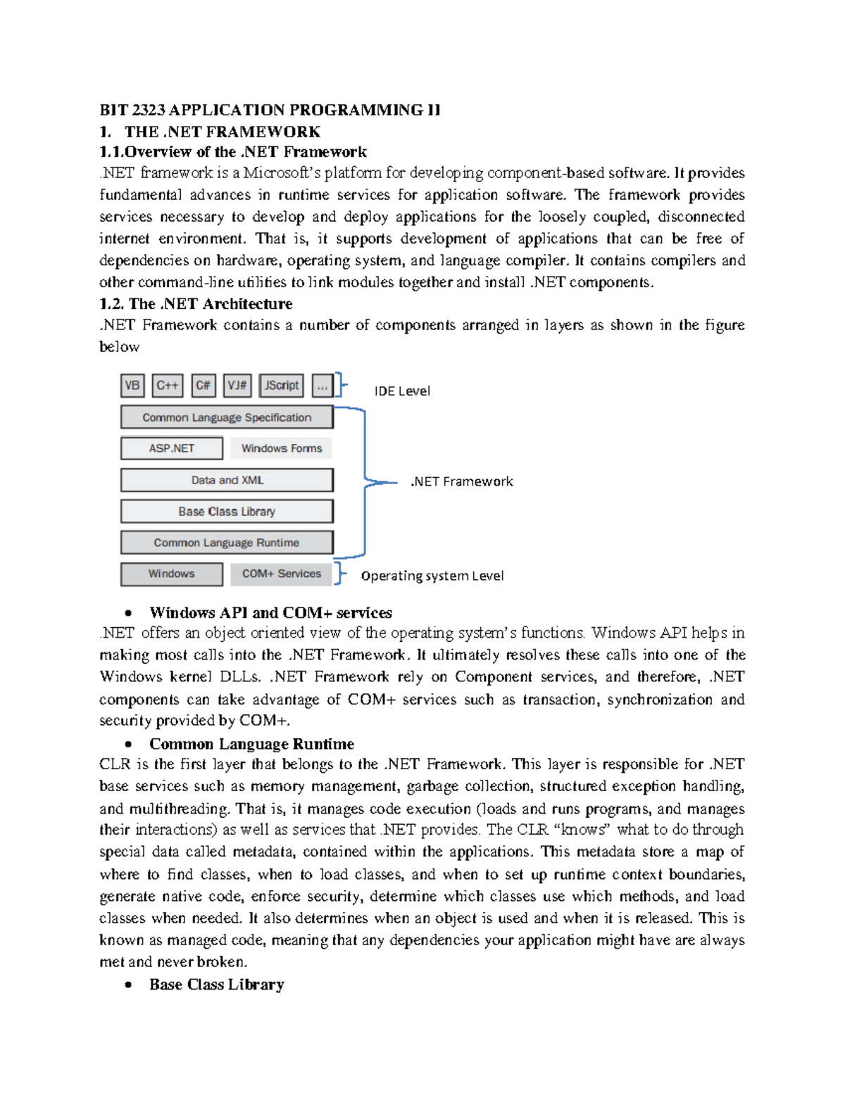 BIT 2323 Application Programming II Lecture Notes on .NET Framework ...