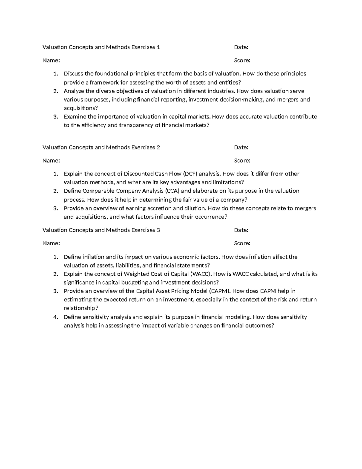 Valuation Concepts and Methods Exercises - Discuss the foundational ...