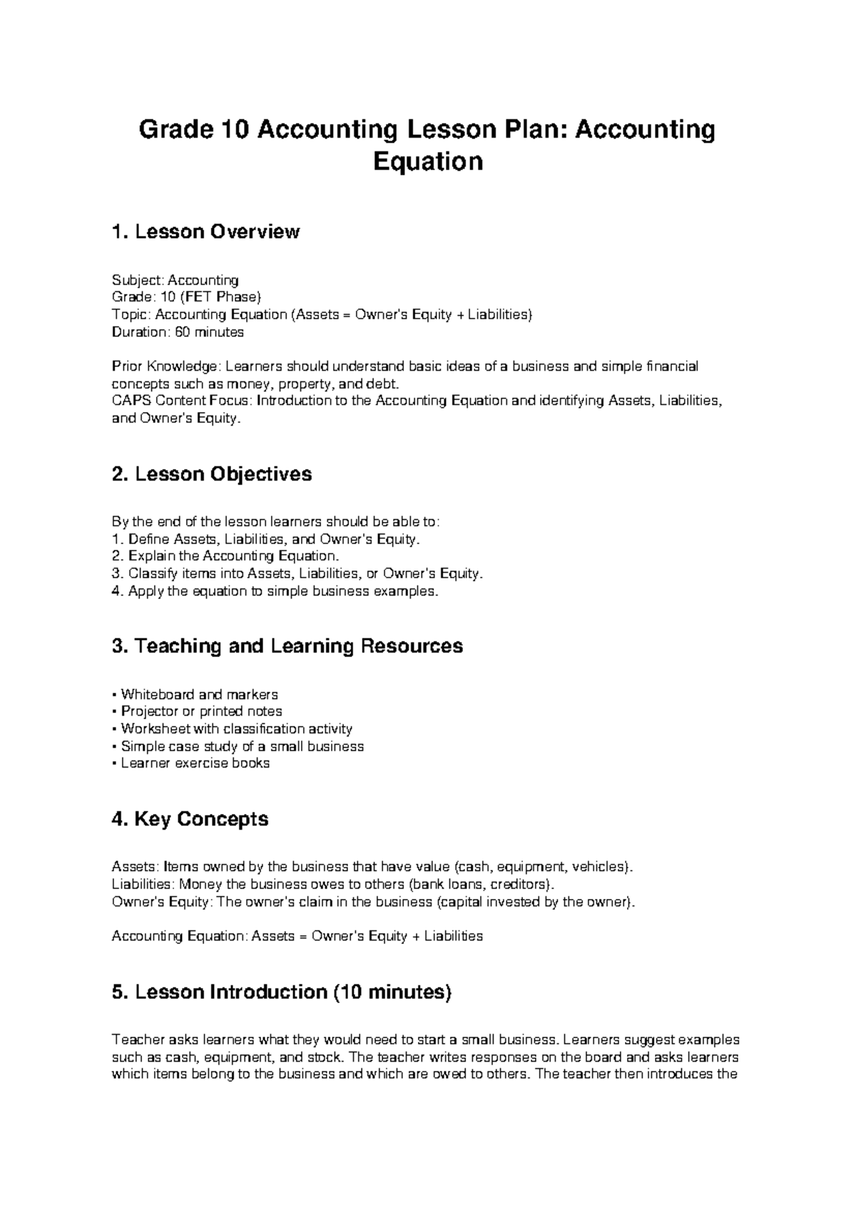Grade 10 Accounting Lesson Plan Understanding The Accounting Equation 