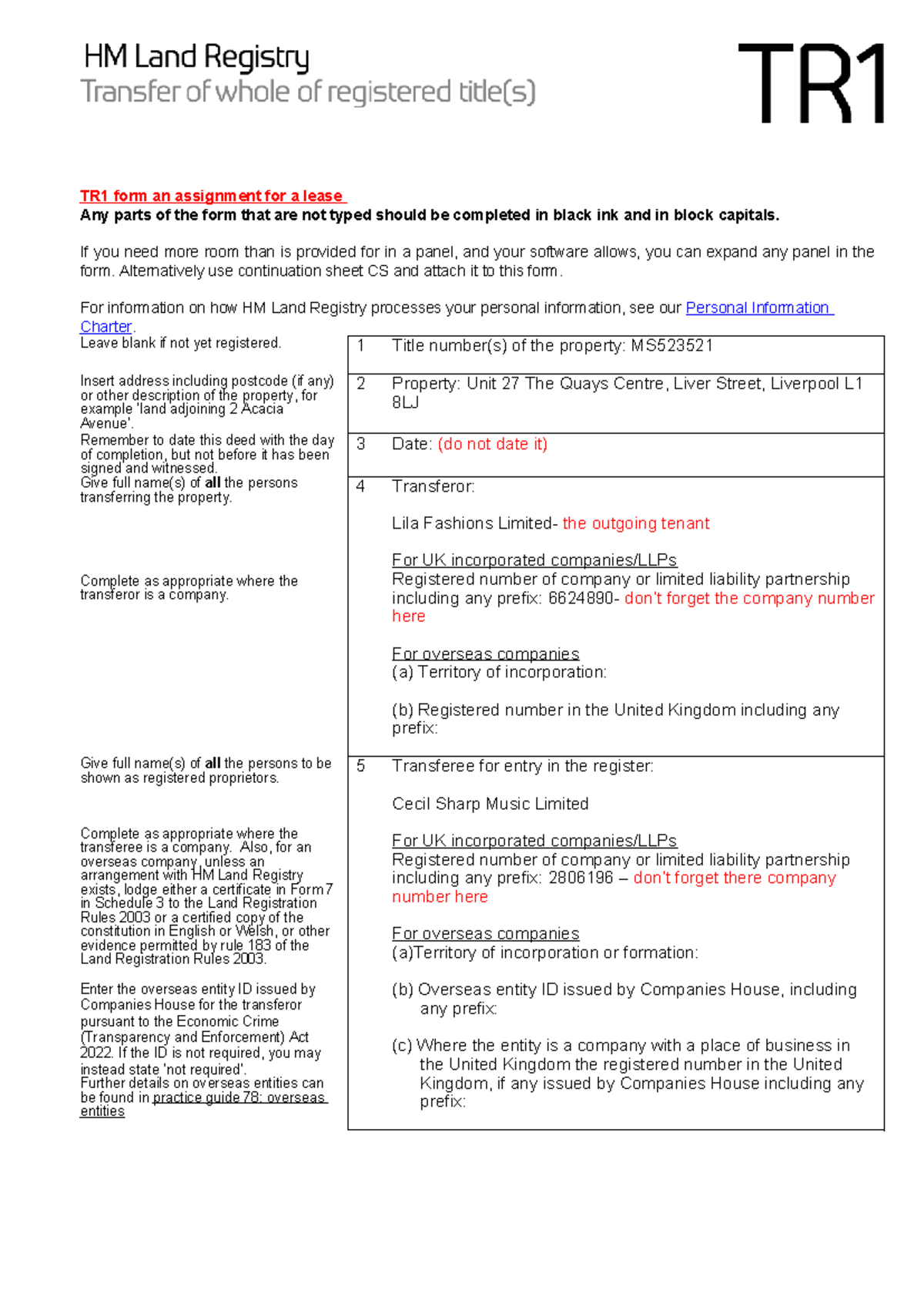 TR1 Form for Lease Assignment Exemplar - WS 14 Real Estate - Studocu