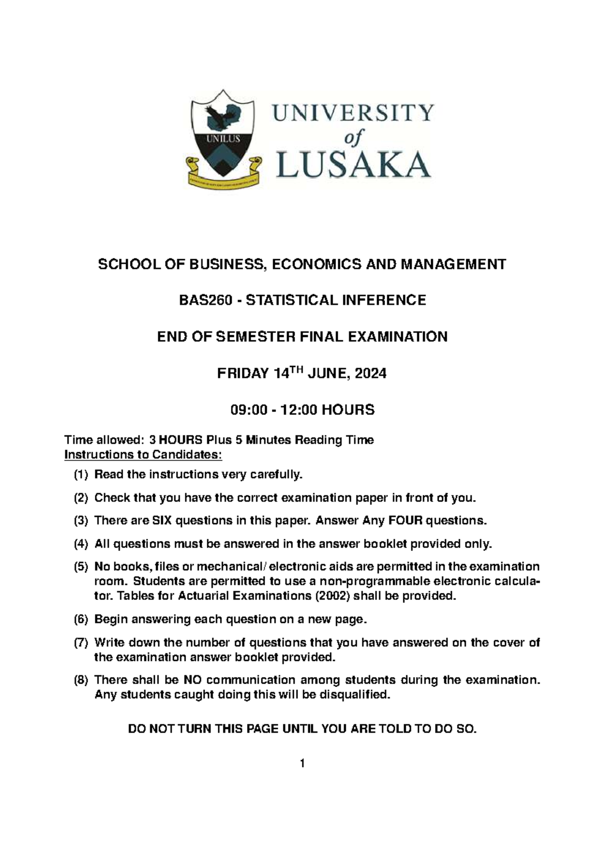 BAS260 Statistical Inference 2024 End of Semester Final Exam - Studocu