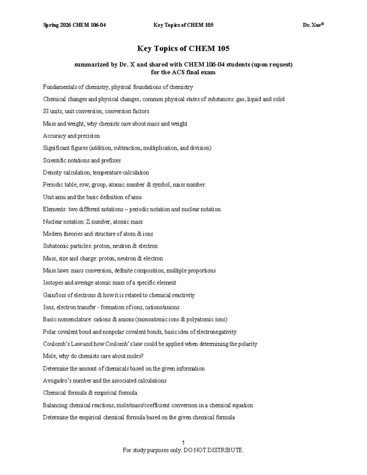 Spring 2026 CHEM 105 Key Topics for Final Exam Review - Studocu