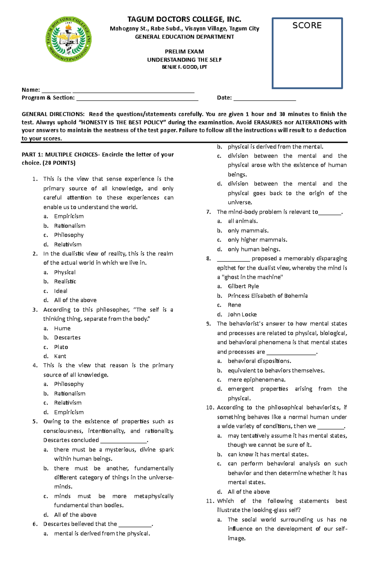UTS Prelim Exam: Understanding the Self Study Document - Studocu