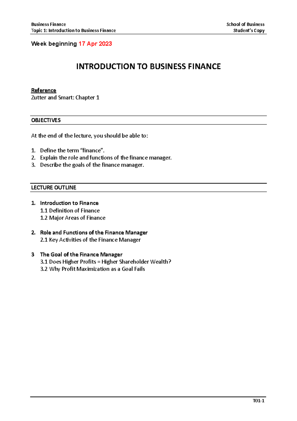 Business Finance Topic 1: Intro to Finance - Lecture Notes (Apr 2023 ...