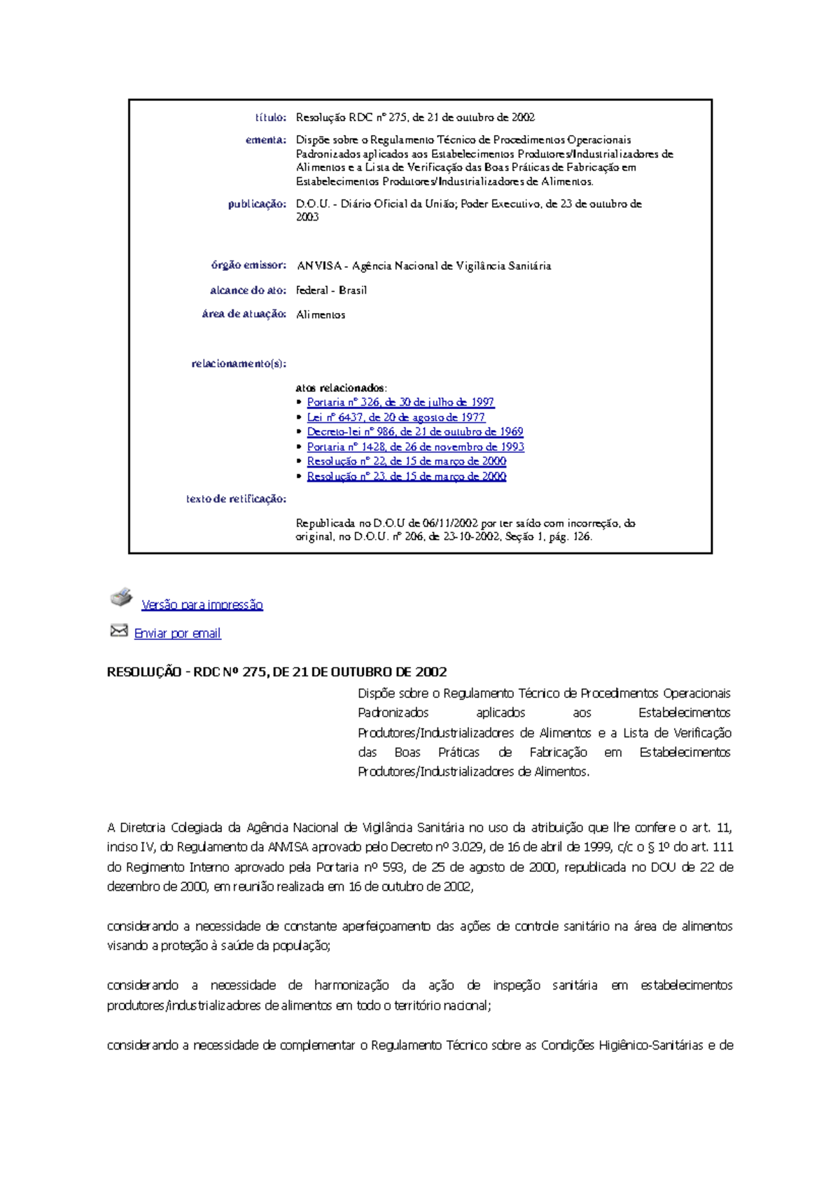 Regulamento Técnico RDC Anvisa nº 275/2002 sobre Alimentos e Boas ...