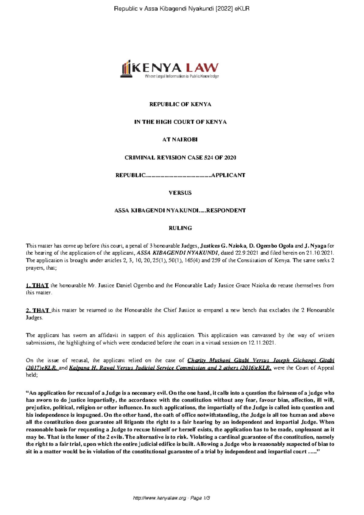 Criminal Revision Case 524 of 2020: Ruling on Recusal Request - Studocu