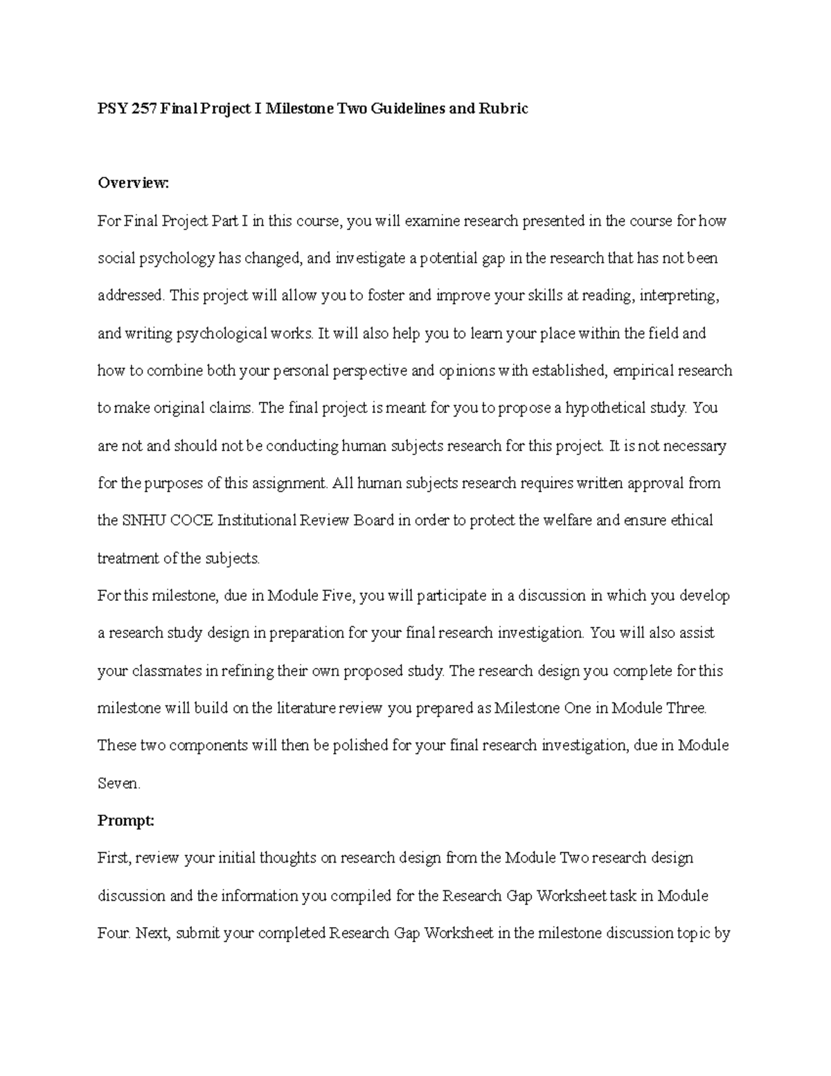 PSY 257 Final Project I Milestone Two: Research Design Guidelines - Studocu
