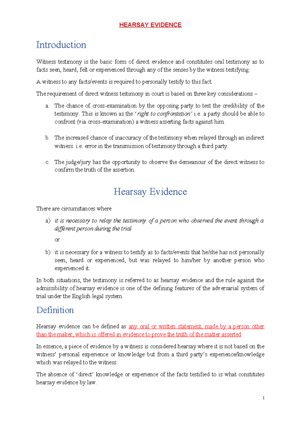 Hearsay Evidence and Its Role in Criminal Proceedings (CJA 2003) - Studocu
