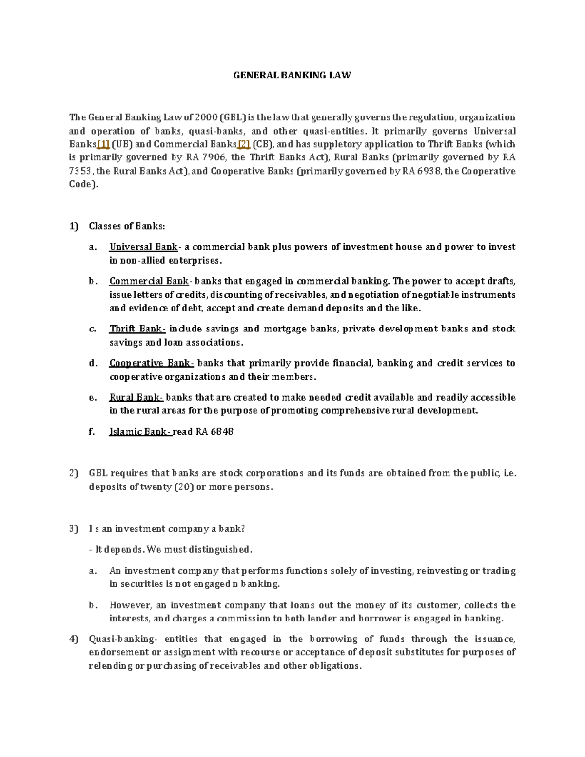 General Banking Law (GBL): Regulation, Types, and Key Functions - Studocu