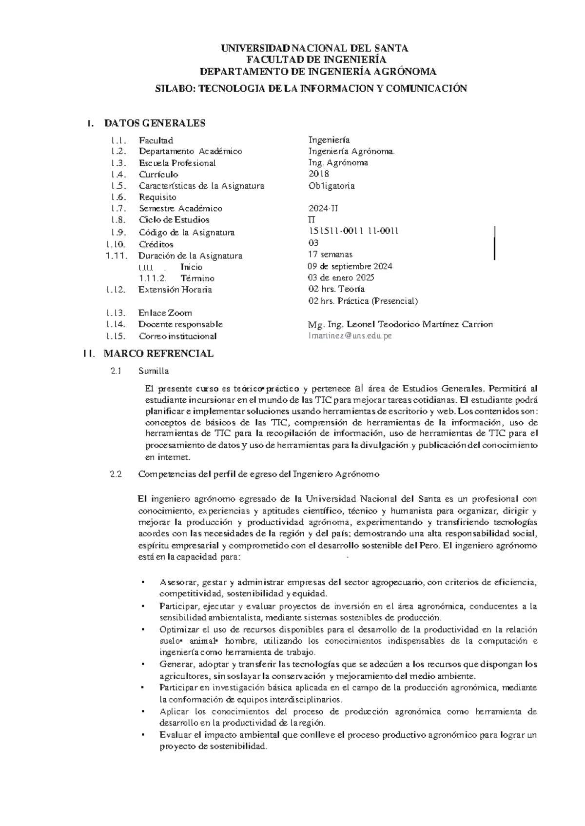 Silabo: Tecnología de la Información y Comunicación - Ingeniería Agrónoma - Document Preview