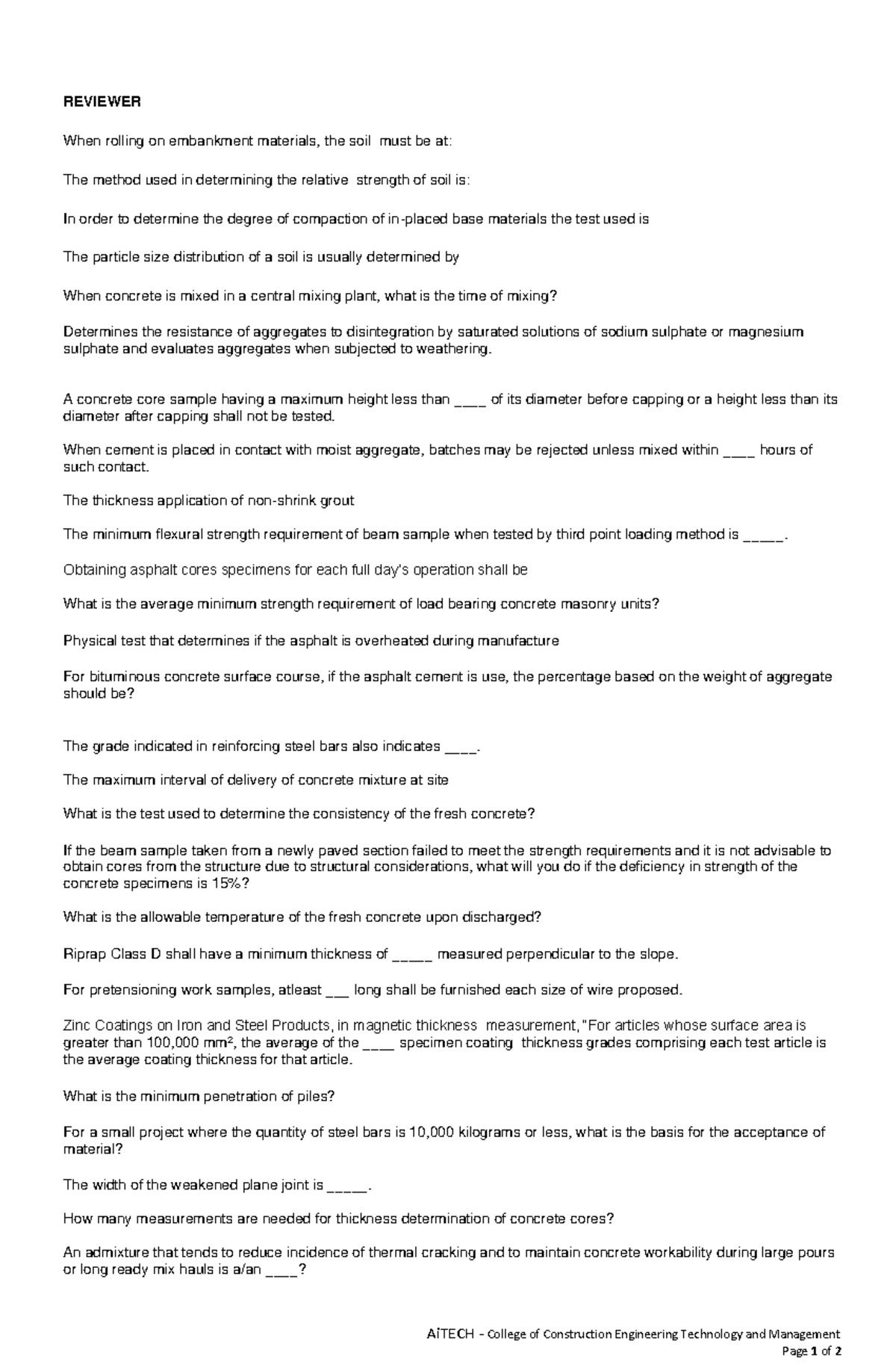 Final Exam Review Materials for CE 101 - Construction Engineering - Studocu