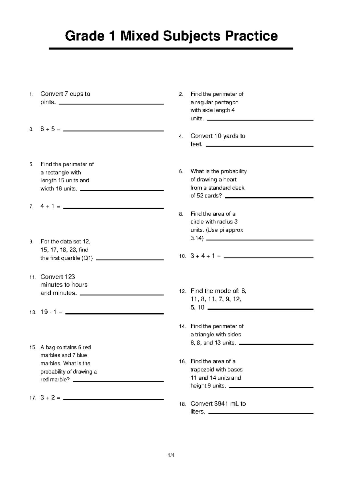 Grade 1 Mixed Subjects Practice 7: Math Problems & Solutions - Studocu