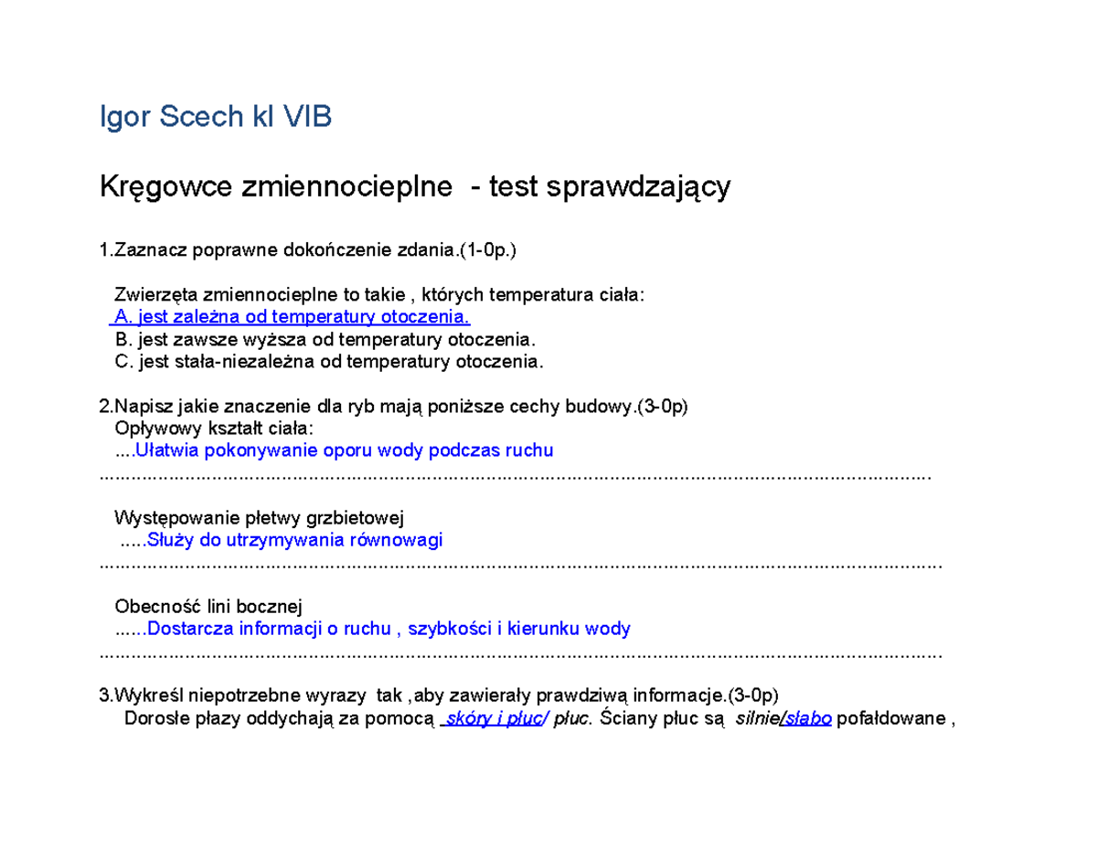 Test Sprawdzający z Biologii dla Klasy 6 - Kręgowce Zmiennocieplne