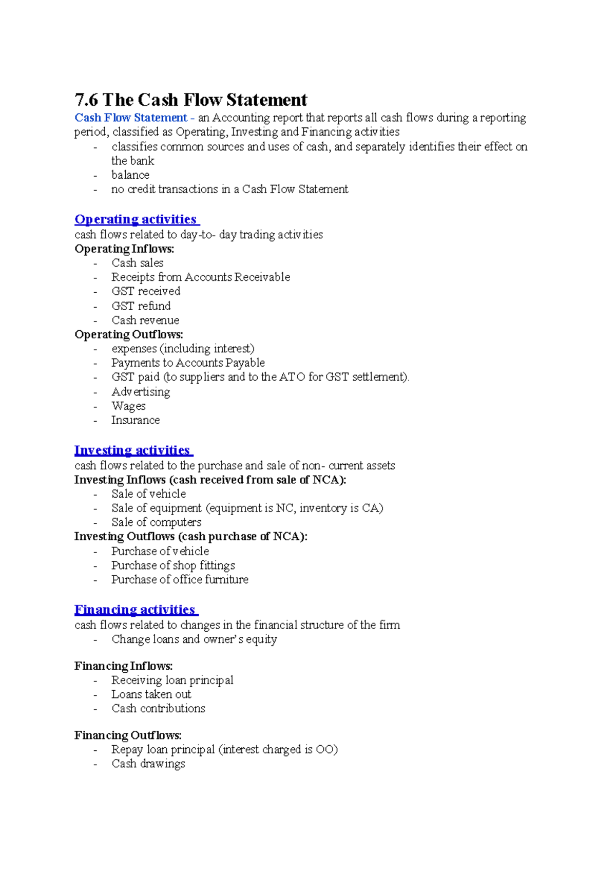 Accounting U1 AOS3 - Cash Flow Statement and Control Notes - Studocu