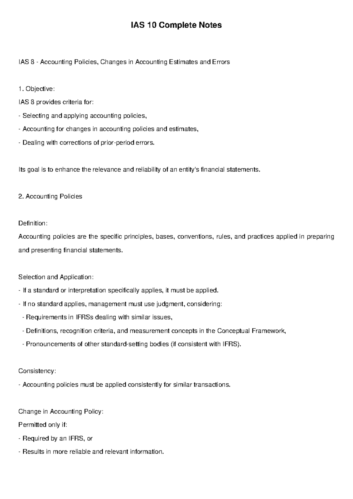 IAS 8 & 10 Complete Notes on Accounting Policies & Estimates - Studocu